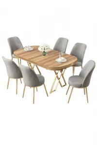 Dining Table & Chairs Set (7 Pieces) Lai - Light Walnut, Gold, Grey