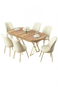 Dining Table & Chairs Set (7 Pieces) Lai - Light Walnut, Gold, Cream