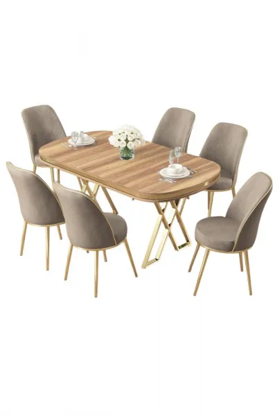 Dining Table & Chairs Set (7 Pieces) Lai - Light Walnut, Gold, Cappuccino