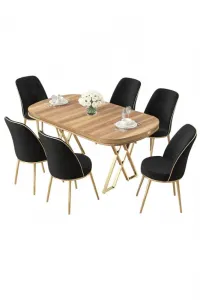 Dining Table & Chairs Set (7 Pieces) Lai - Light Walnut, Gold, Black