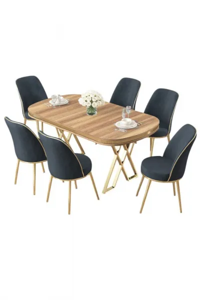 Dining Table & Chairs Set (7 Pieces) Lai - Light Walnut, Gold, Anthracite