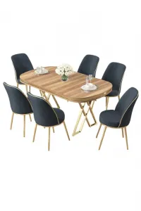 Dining Table & Chairs Set (7 Pieces) Lai - Light Walnut, Gold, Anthracite