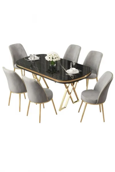 Dining Table & Chairs Set (7 Pieces) Lai - Black Marble, Gold, Grey