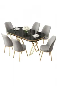 Dining Table & Chairs Set (7 Pieces) Lai - Black Marble, Gold, Grey