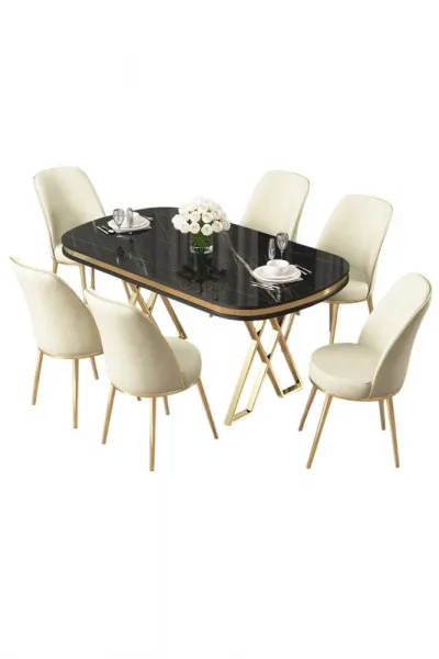 Dining Table & Chairs Set (7 Pieces) Lai - Black Marble, Gold, Cream