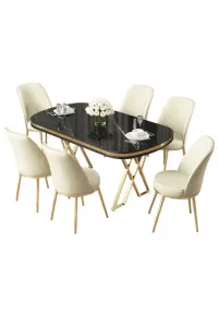 Dining Table & Chairs Set (7 Pieces) Lai - Black Marble, Gold, Cream