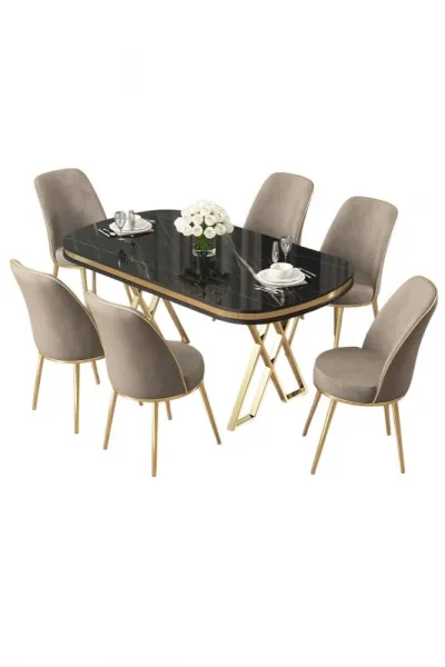 Dining Table & Chairs Set (7 Pieces) Lai - Black Marble, Gold, Cappuccino