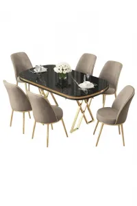 Dining Table & Chairs Set (7 Pieces) Lai - Black Marble, Gold, Cappuccino