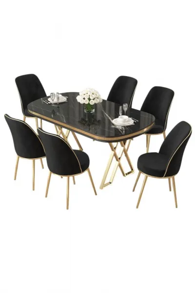 Dining Table & Chairs Set (7 Pieces) Lai - Black Marble, Gold, Black