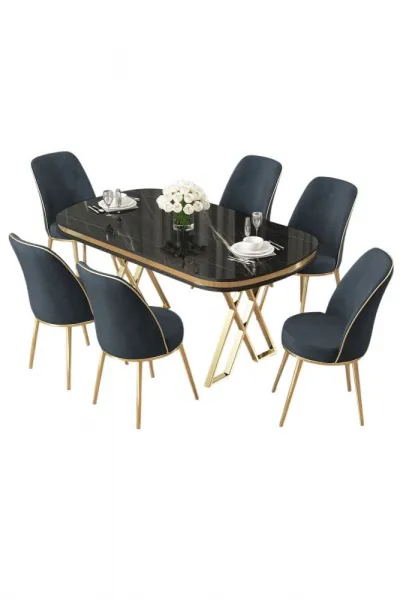 Dining Table & Chairs Set (7 Pieces) Lai - Black Marble, Gold, Anthracite