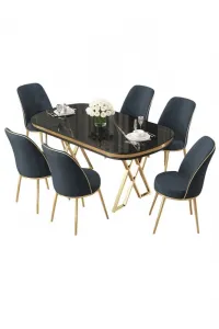 Dining Table & Chairs Set (7 Pieces) Lai - Black Marble, Gold, Anthracite