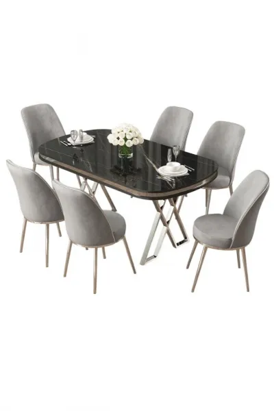 Dining Table & Chairs Set (7 Pieces) Lai - Black Marble, Chrome, Grey