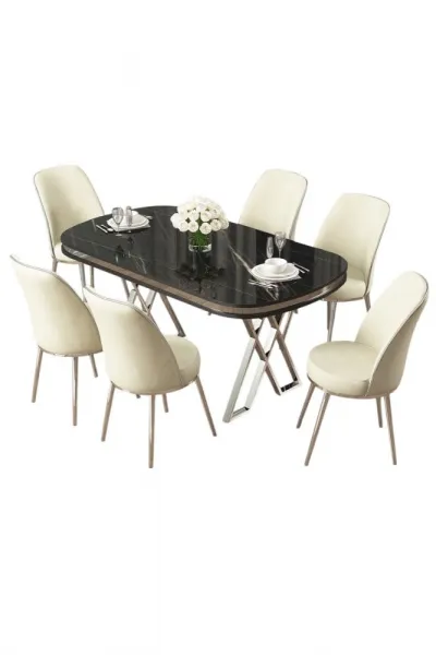 Dining Table & Chairs Set (7 Pieces) Lai - Black Marble, Chrome, Cream