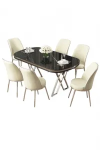 Dining Table & Chairs Set (7 Pieces) Lai - Black Marble, Chrome, Cream