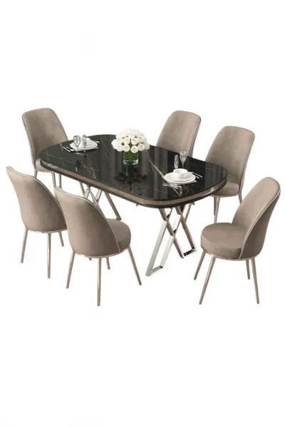 Dining Table & Chairs Set (7 Pieces) Lai - Black Marble, Chrome, Cappuccino