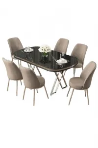 Dining Table & Chairs Set (7 Pieces) Lai - Black Marble, Chrome, Cappuccino