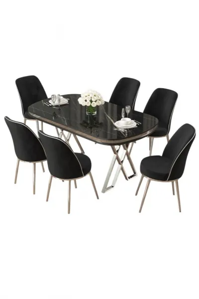 Dining Table & Chairs Set (7 Pieces) Lai - Black Marble, Chrome, Black