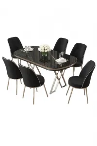 Dining Table & Chairs Set (7 Pieces) Lai - Black Marble, Chrome, Black