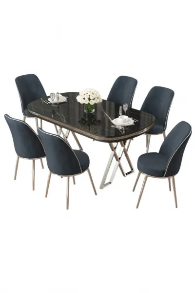 Dining Table & Chairs Set (7 Pieces) Lai - Black Marble, Chrome, Anthracite