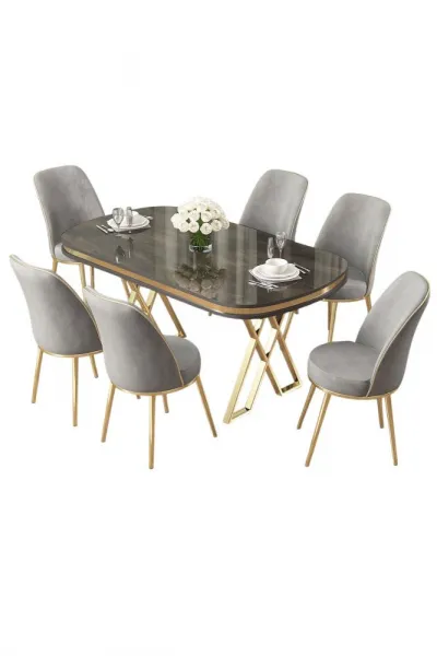 Dining Table & Chairs Set (7 Pieces) Lai - Anthracite, Gold, Grey