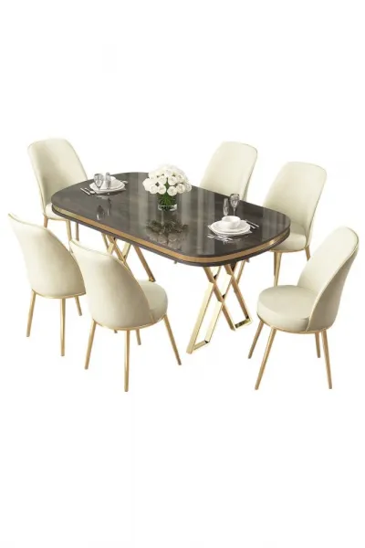 Dining Table & Chairs Set (7 Pieces) Lai - Anthracite, Gold, Cream