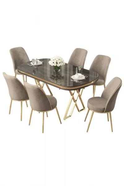 Dining Table & Chairs Set (7 Pieces) Lai - Anthracite, Gold, Cappuccino