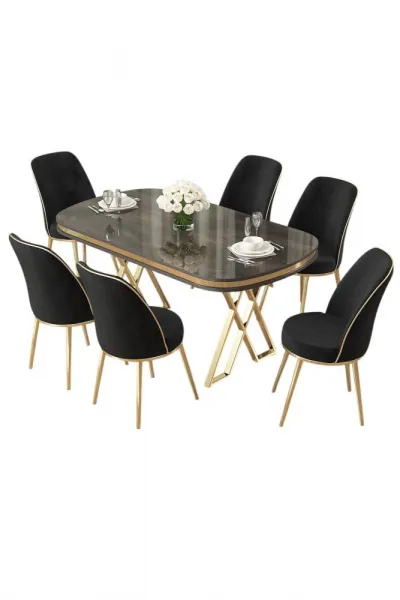 Dining Table & Chairs Set (7 Pieces) Lai - Anthracite, Gold, Black