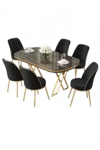 Dining Table & Chairs Set (7 Pieces) Lai - Anthracite, Gold, Black