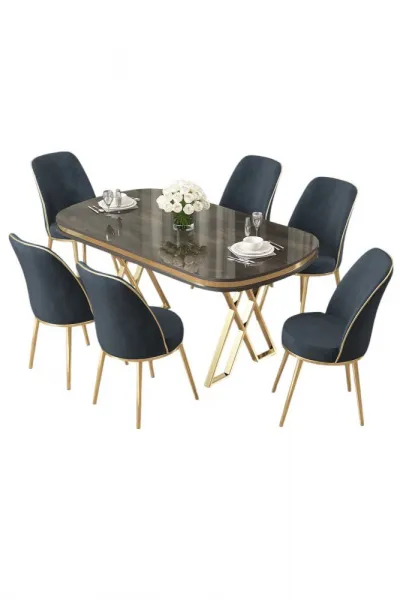 Dining Table & Chairs Set (7 Pieces) Lai - Anthracite, Gold