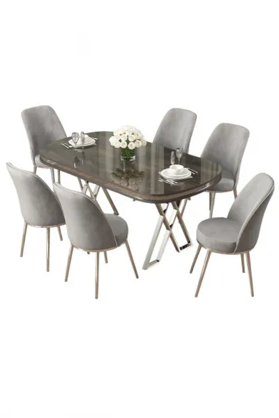 Dining Table & Chairs Set (7 Pieces) Lai - Anthracite, Chrome, Grey