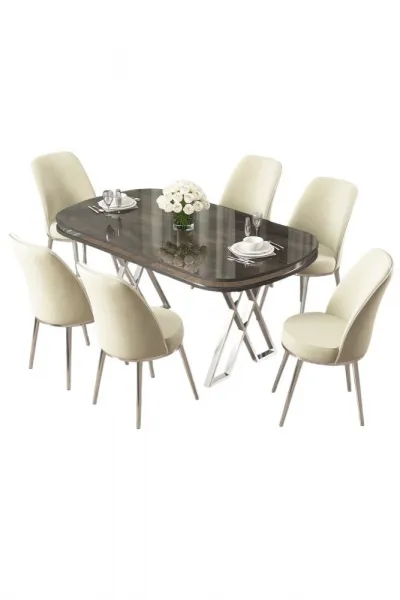Dining Table & Chairs Set (7 Pieces) Lai - Anthracite, Chrome, Cream