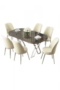 Dining Table & Chairs Set (7 Pieces) Lai - Anthracite, Chrome, Cream