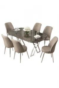 Dining Table & Chairs Set (7 Pieces) Lai - Anthracite, Chrome, Cappuccino