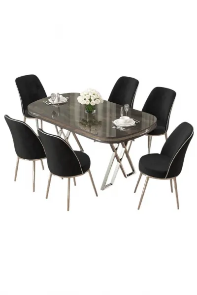 Dining Table & Chairs Set (7 Pieces) Lai - Anthracite, Chrome, Black