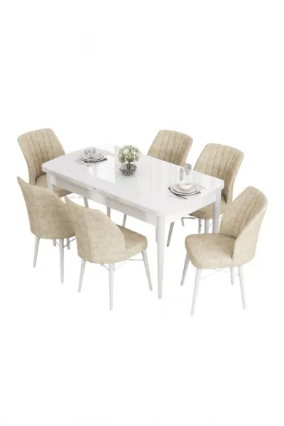 Extendable Dining Table & Chairs Set (7 Pieces) Eva - White, Cream