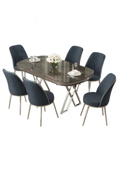Dining Table & Chairs Set (7 Pieces) Lai - Anthracite, Chrome