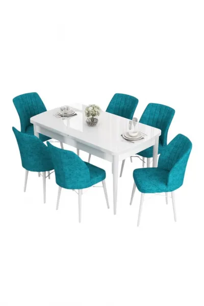 Extendable Dining Table & Chairs Set (7 Pieces) Eva - White, Turquoise