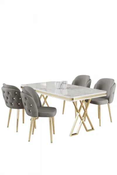 Dining Table & Chairs Set (5 Pieces) Rigel - White, Gold, Grey
