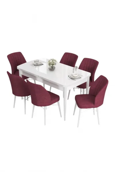 Extendable Dining Table & Chairs Set (7 Pieces) Eva - White, Burgundy