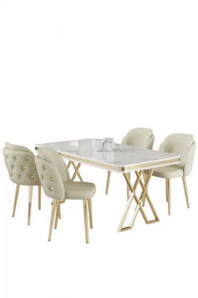 Dining Table & Chairs Set (5 Pieces) Rigel - White, Gold, Cream