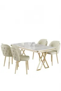 Dining Table & Chairs Set (5 Pieces) Rigel - White, Gold, Cream
