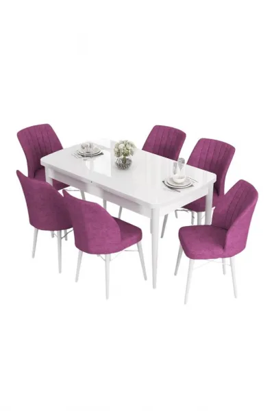 Extendable Dining Table & Chairs Set (7 Pieces) Eva - White, Purple