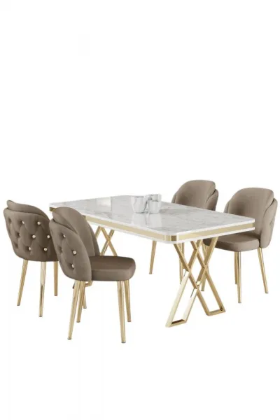 Dining Table & Chairs Set (5 Pieces) Rigel - White, Gold, Cappuccino