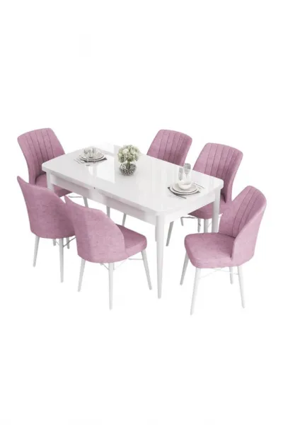 Extendable Dining Table & Chairs Set (7 Pieces) Eva - White, Pink