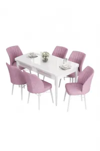 Extendable Dining Table & Chairs Set (7 Pieces) Eva - White, Pink