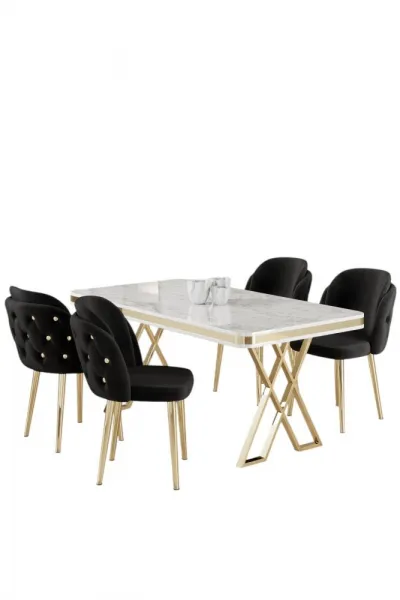 Dining Table & Chairs Set (5 Pieces) Rigel - White, Gold, Black