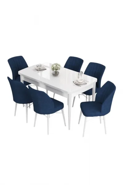 Extendable Dining Table & Chairs Set (7 Pieces) Eva - White, Navy Blue