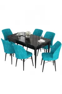Extendable Dining Table & Chairs Set (7 Pieces) Eva - Black Marble, Turquoise