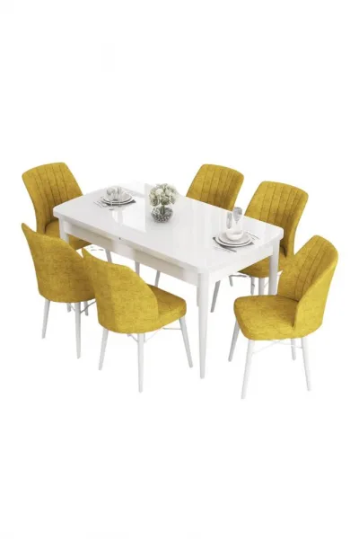 Extendable Dining Table & Chairs Set (7 Pieces) Eva - White, Mustard