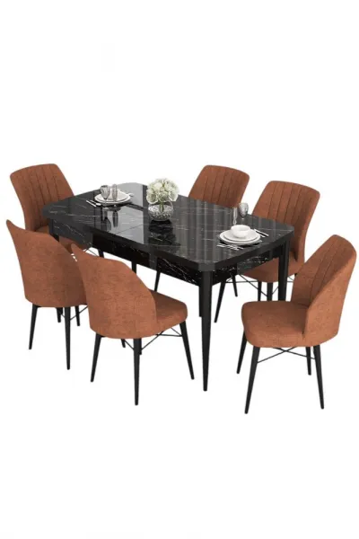 Extendable Dining Table & Chairs Set (7 Pieces) Eva - Black Marble, Tile Red